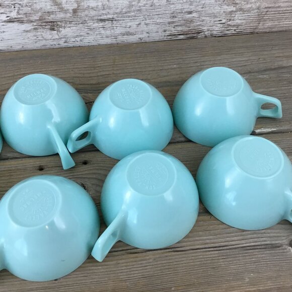 8 Coffee Cups Sun Valley Melmac Aqua Turquoise & Creamer Sugar Bowl Lid Vintage - Picture 6 of 9